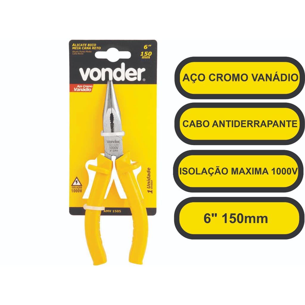 Alicate bico meia cana reto de 6" Profissional Vonder, com isolação até 1.000v e aço cromo Vanádio