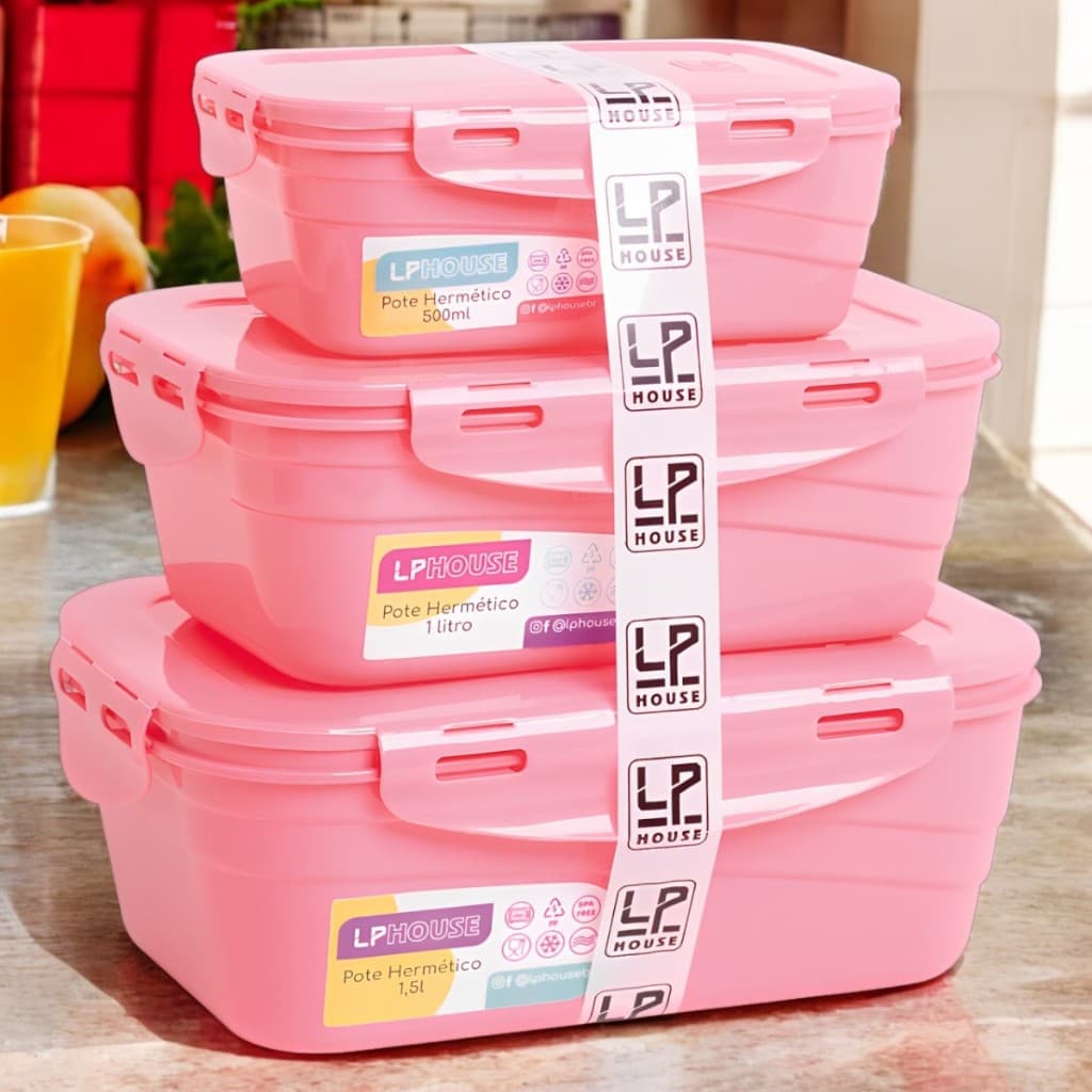 Kit 3 Marmitas Fitness 500ml 1L 1,5L Freezer Micro-ondas Potes Vasilha com Trava Hermética Marmita