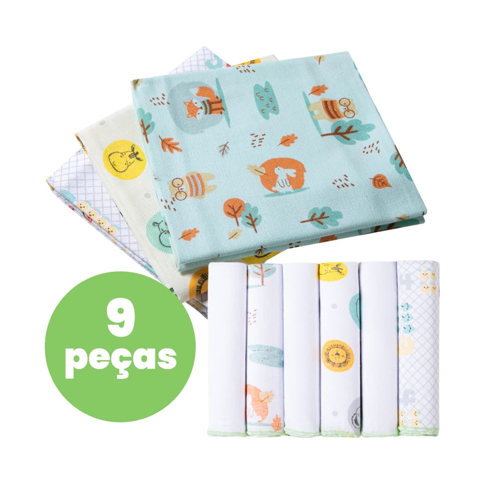 KIT 9 PEÇAS! SUPER ECONÔMICO! 3 CUEIROS FLANELADOS ESTAMP. 80CMX50CM + 6 PANINHOS DE BOCAS 30cmx30cm