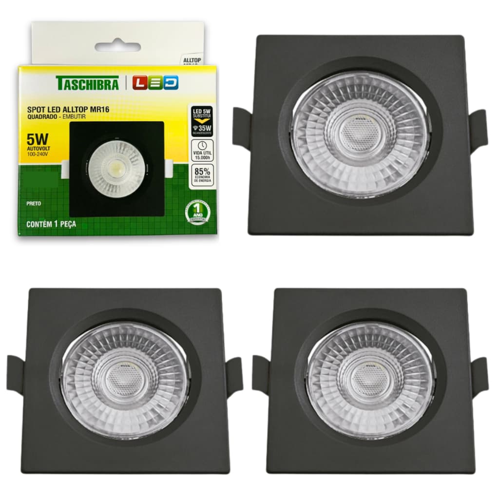 Kit 3 Spot de Led 5W Luminária Teto Embutir Preto Quadrado MR16 Dicróica Gesso Forro Sanca Taschibra