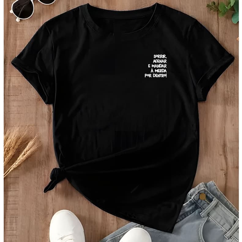 Camiseta Feminina Frase Engraçadas Sorrir e Acenar Manga Curta Algodão Meme Verão Tumblr Fashion Top