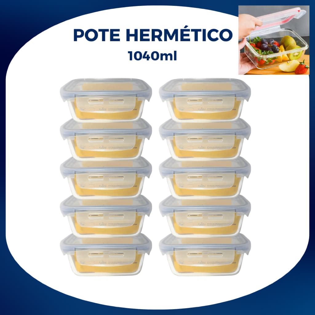 Kit 6 Potes Hermético 1040ml Vidro Grande Marmita Tampa 4 Travas Vai Ao Forno e Freezer