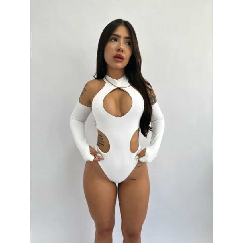 Body feminino poliamida verão tecido duplo com manga Branco