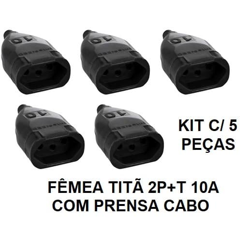 Kit Plug Fêmea p/ Extensão Elétrica 2p+T 10A Preto C/ Prensa Cabo 5, 10, 15 e 20 Peças Elétrico Elétrica