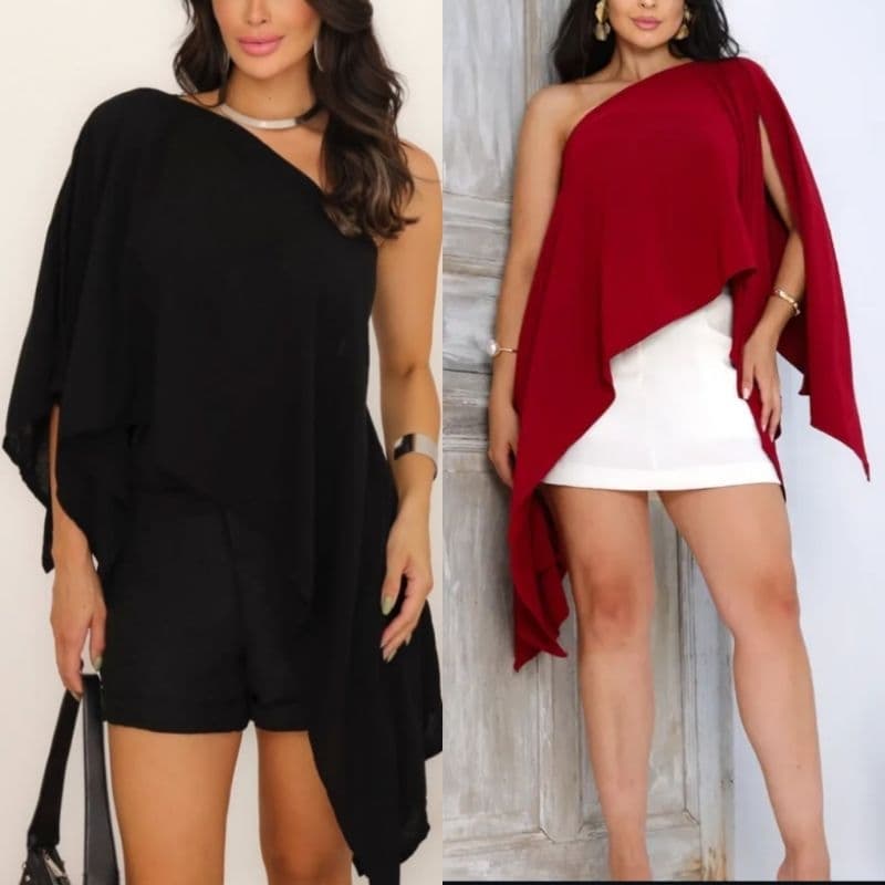 Blusa Cropped Capa Tendência / Blusa Capa Boho Chic Assimétrica Ombro Caído / Acompanha Top / Blusa Ombro a Ombro