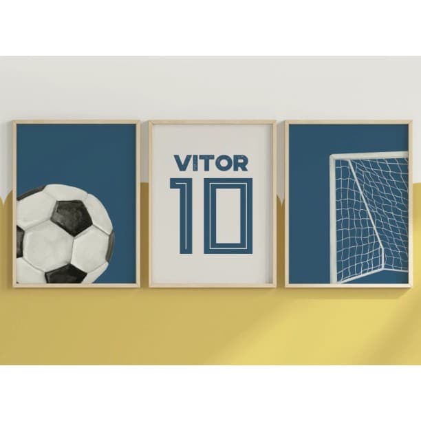Quadro decorativo 3 peças Tema Futebol Personalizado Rede f azul lindo em diversos tamanhos dissponí
