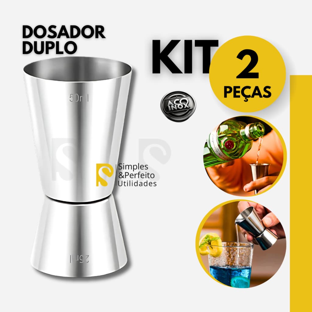 Kit 2 Peças Dosador Duplo para Drink Aço Inox 25ml e 50ml Bar Drinks Bebidas Barman Mixologia