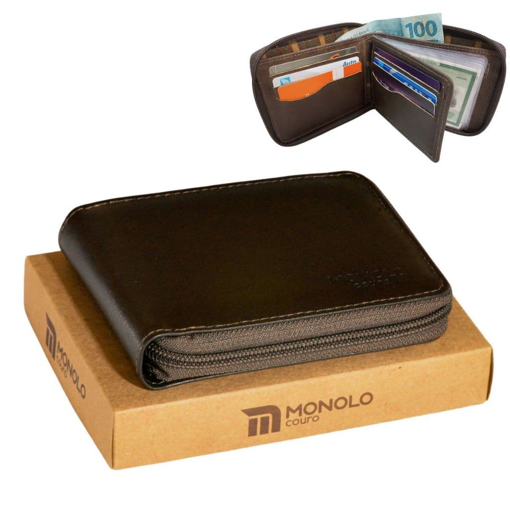 Carteira Masculina Couro Legítimo Porta Cartão Documentos Zíper externo Completa Executiva RG CNH