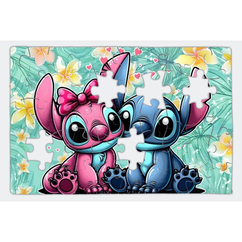 quebra cabeça 20x30cm lilo stich havai fundo floral verde aguá
