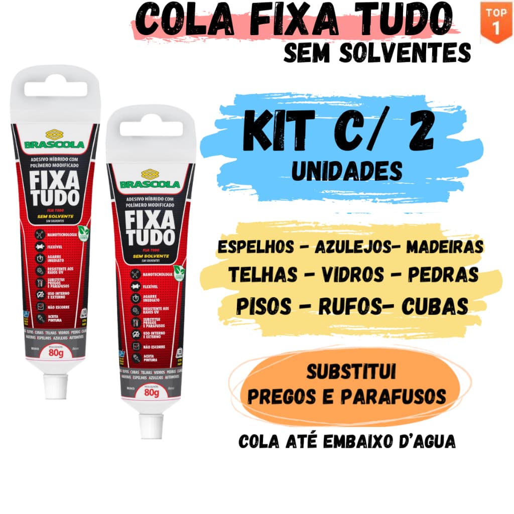 kit c/ 2 Cola PU Adesivo Fixa Tudo híbrido 80g BRASCOLA