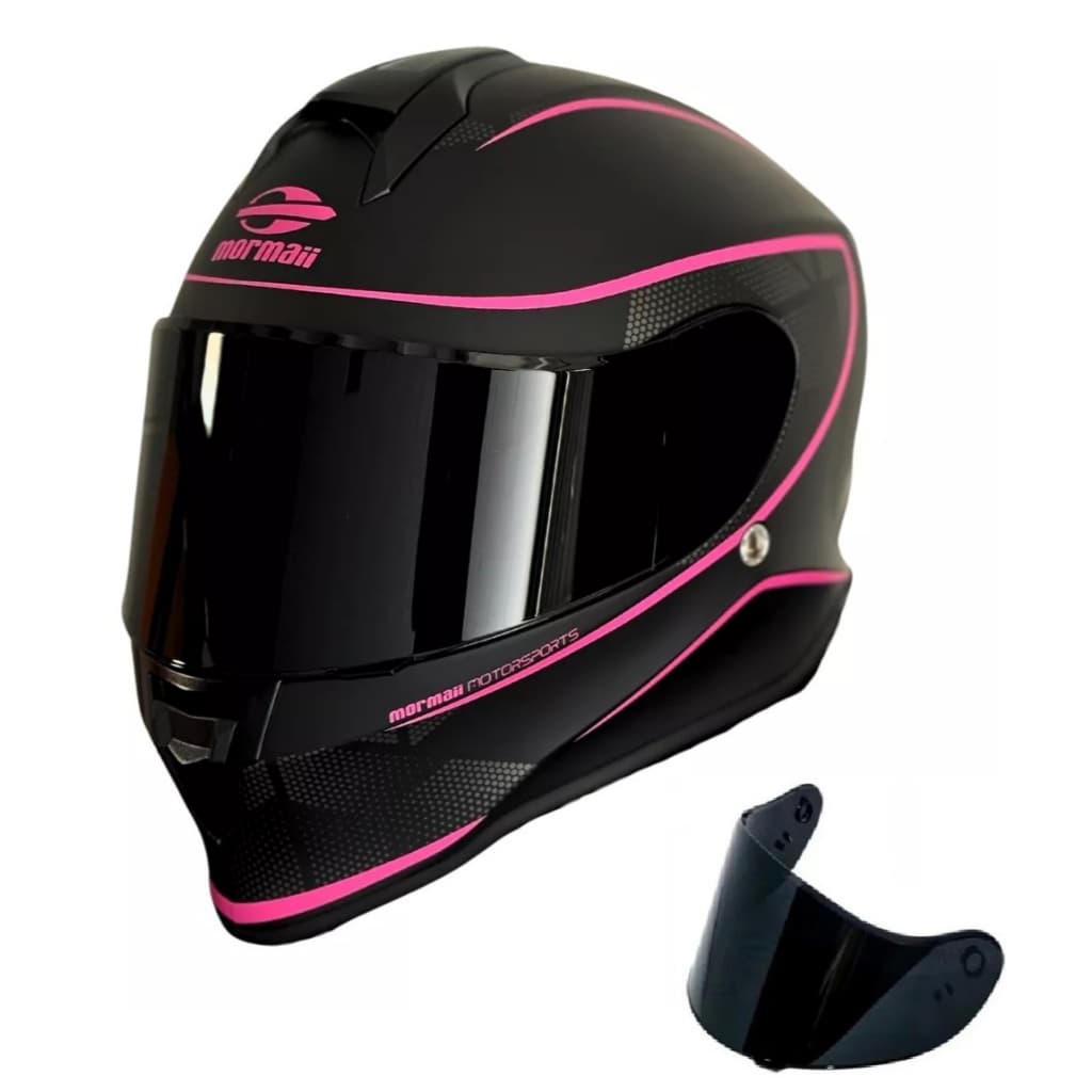 Capacete Moto Mormaii Novo M1 Classic Preto Fosco Rosa + Viseira Fumê