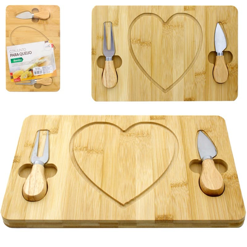 Conjunto para Tábua de Frios e Queijo com Faca e Garfo de Inox Tábua de Bambu