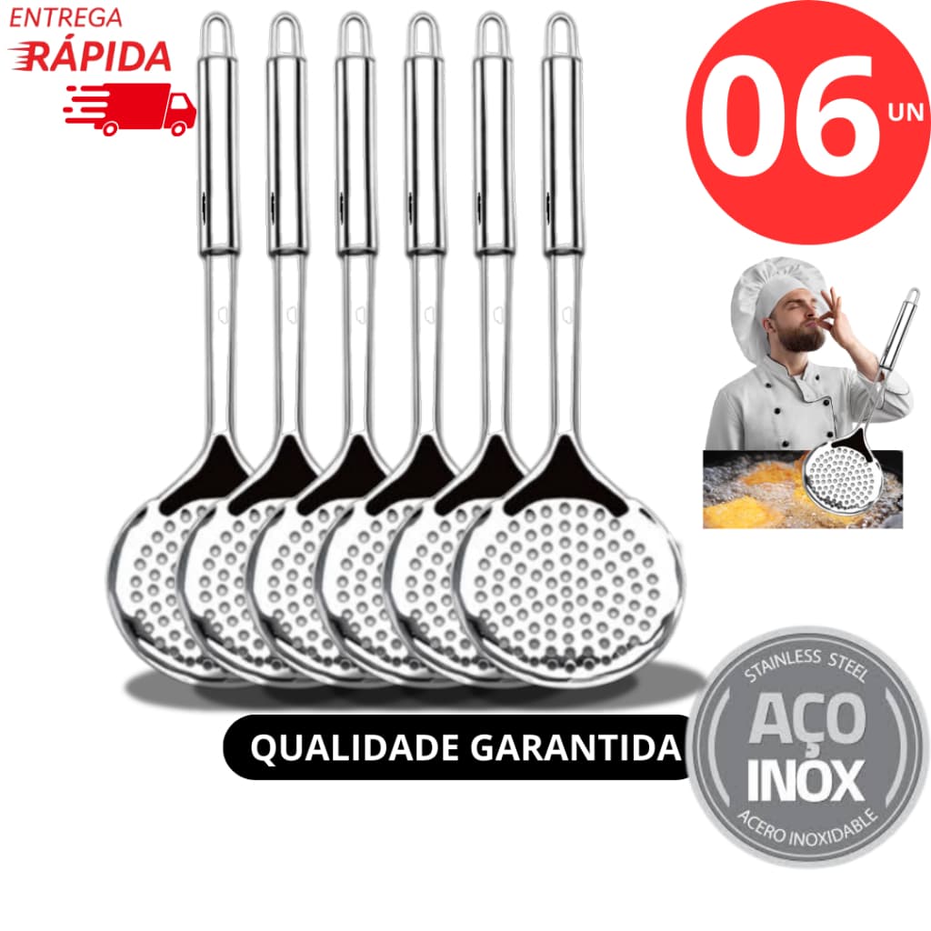 KIT 06 Escumadeira Para Fritura Arroz Massas Em Aço Inox Linha Casa Restaurante Buffet