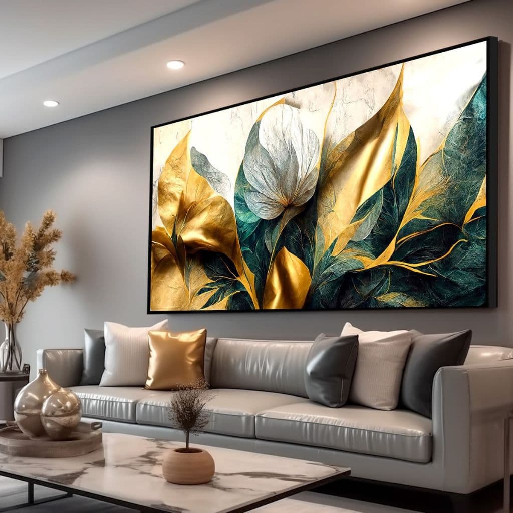 Quadro Decorativo 80x110cm Floral Verde Dourado Decoração de Parede Hall Luxo Sala Quarto MDF
