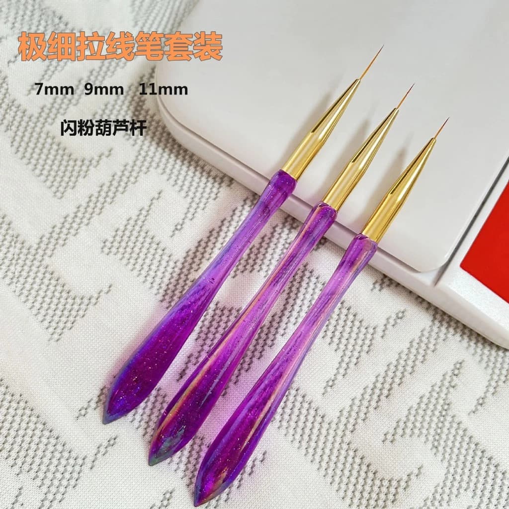 Kit 3 Pinceis Brilho de haste roxa Fino para Decoração Unha Nail Art