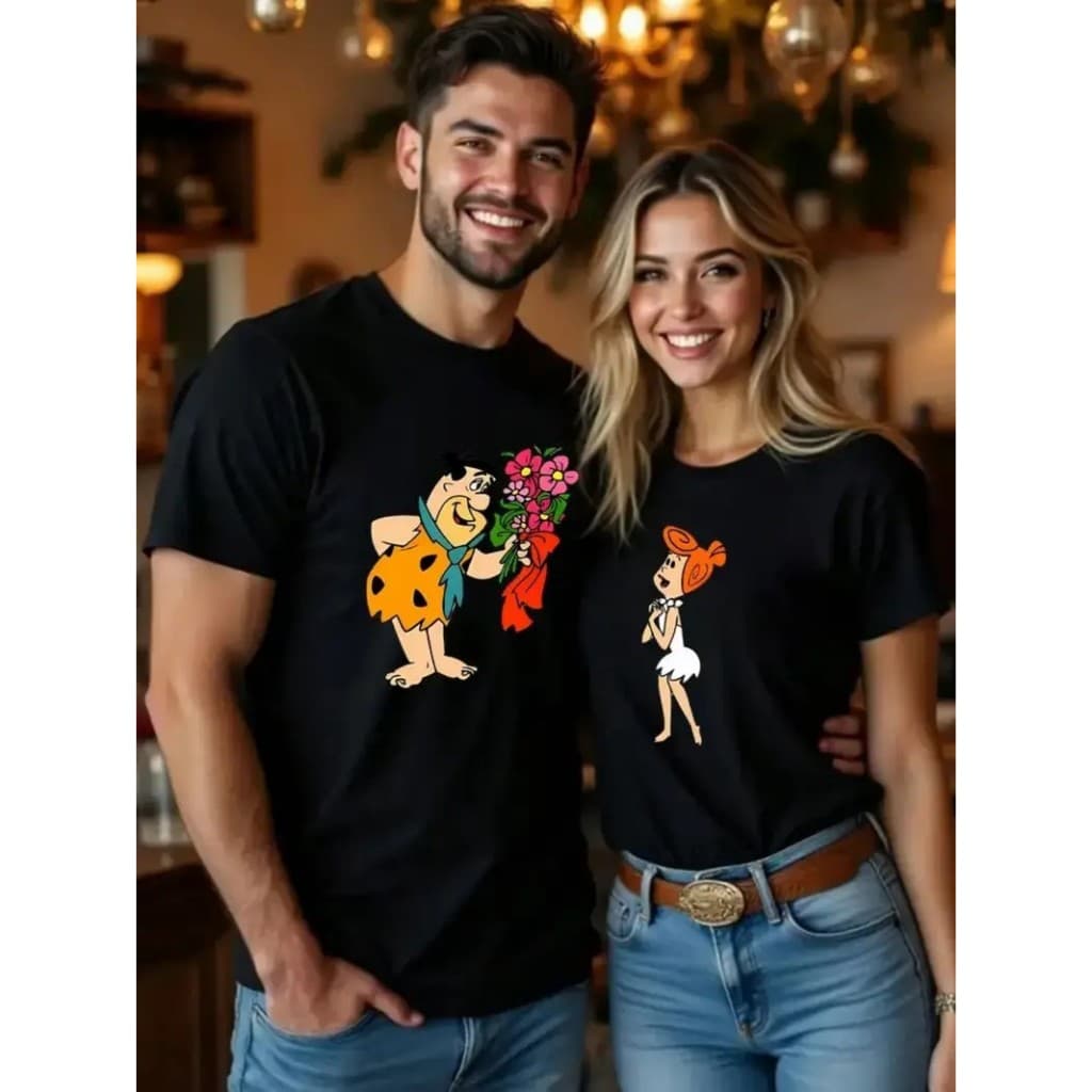 Kit 2 Camisetas Casal Dia Dos Namorados Casual Basica Algodão Premium Flintstones