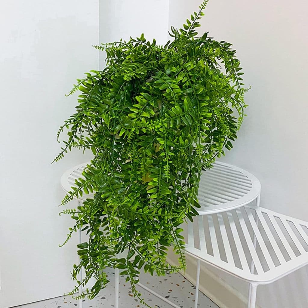 Planta verde artificiais penduradas pendente samambaias permanente decoração de prateleiras, escrtório e sala 2 unidades