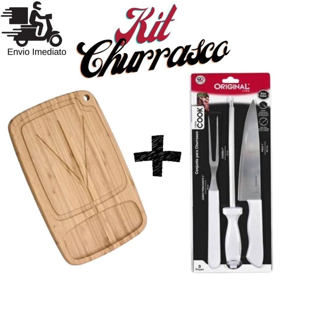 Kit Churrasco 4 Itens Tábua De Bambu Para Carne + Garfo Trinchante 5" + Chaira 7" + Faca 7"
