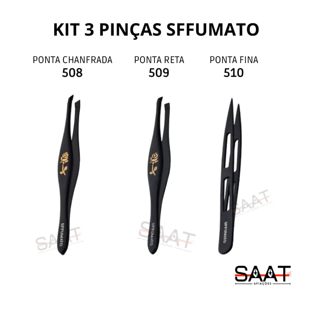 KIT 3 PINÇAS Profissional Design De Sobrancelhas SFFUMATO BEAUTY 508-509-510
