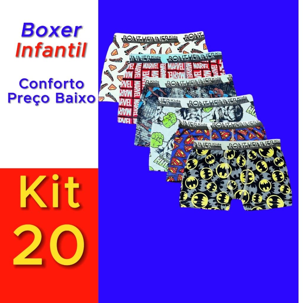Kit 20 Cueca boxer  Infantil box personagem