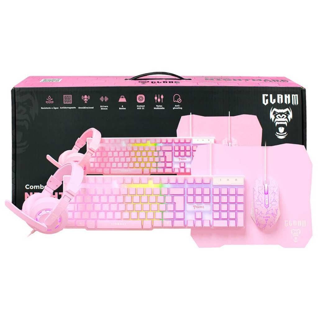 Combo Gamer Rosa Teclado LED Rainbow + Mouse 1600 DPI + Headset + Mousepad Nightmare Candy Clanm