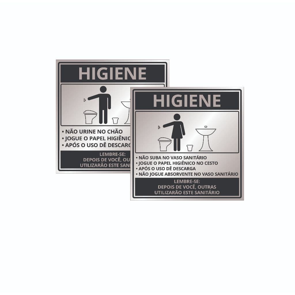 Kit com 2 Placas Indicação Higiene Banheiro Masculino e Feminino Alumínio 15x15cm