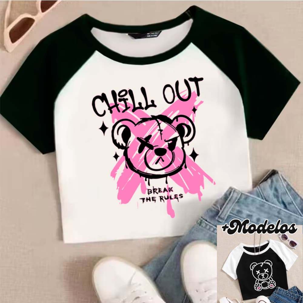 Cropped RAGLAN, Modelo URSO BEAR BREAK RULES - Moda Alternativa Y2K Blogueira Grunge Punk Streetwear