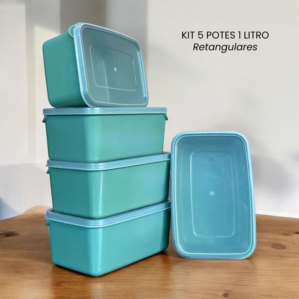 Kit 5 Potes Retangulares 1 Litro Herméticos Vasilha para Armazenamento de Alimentos