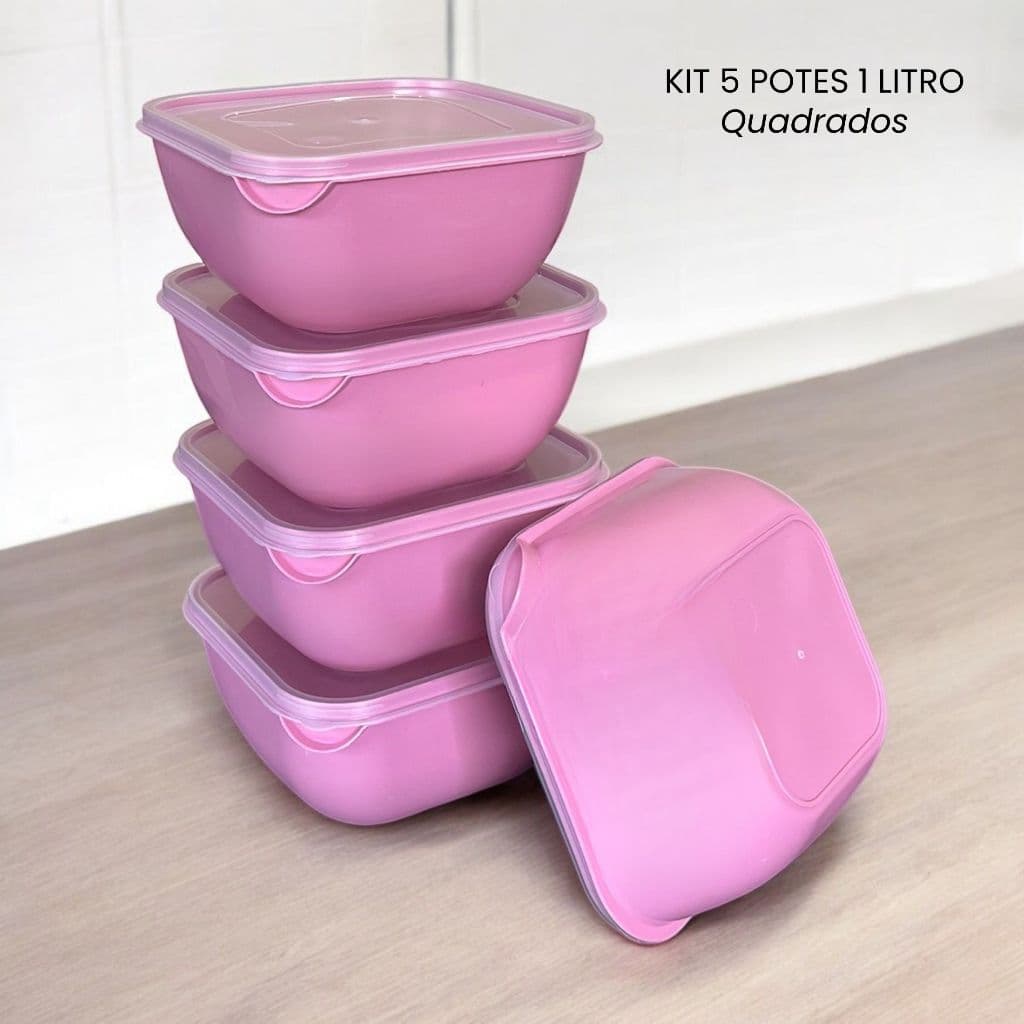 Kit 5 Potes Quadrados 1 Litro com Tampa Transparente Cozinha Organizada Vasilha