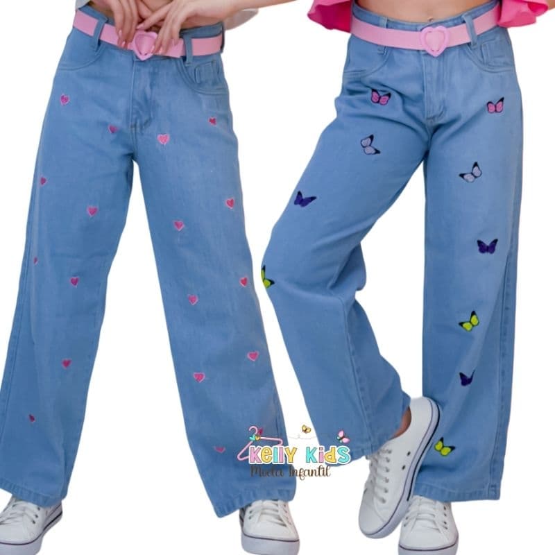 Calça Jeans Infantil/ Juvenil wide leg bordada e com cinto