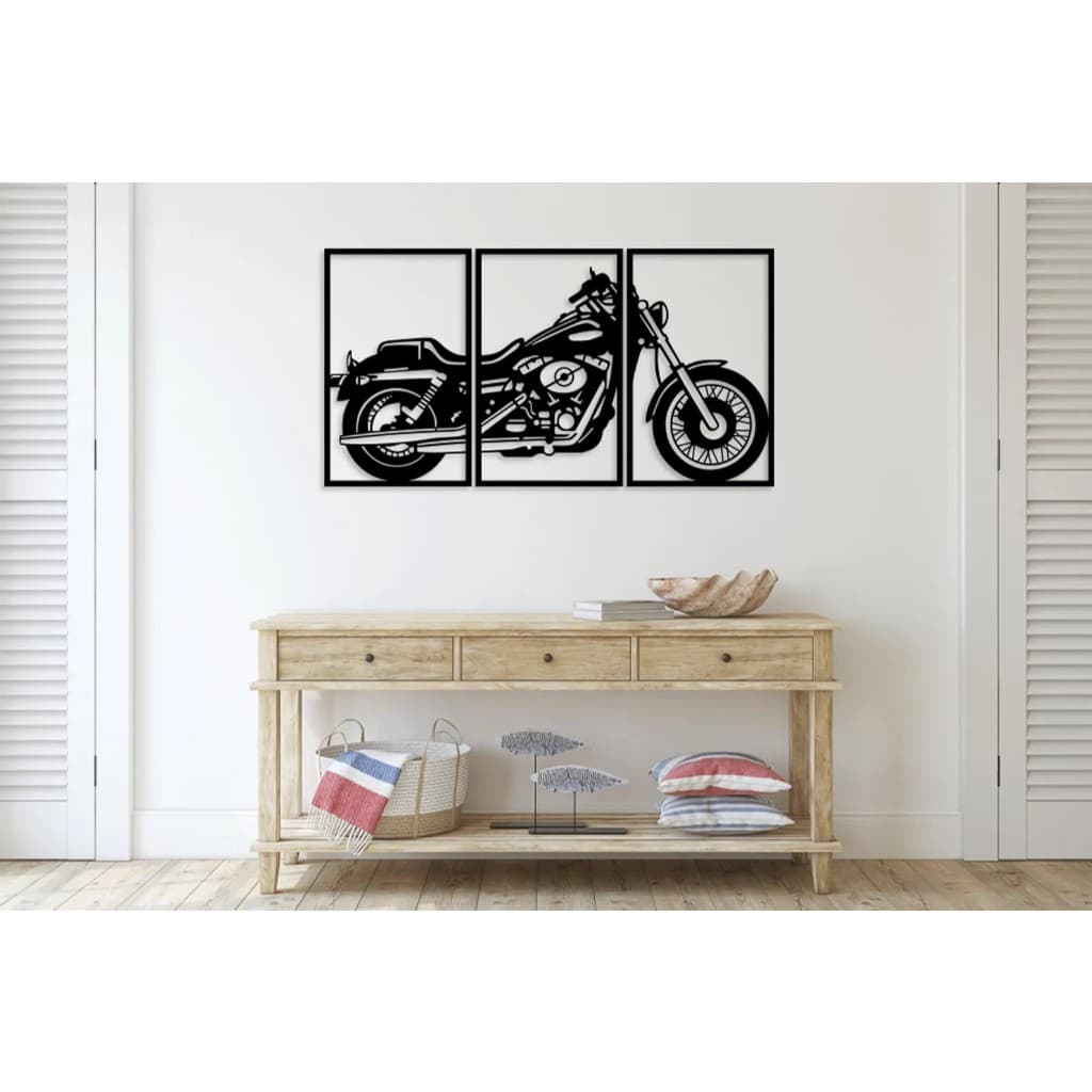Kit 3 Quadro Decorativo Moto MDF Preto Escultura de Parede Motocicleta Casa Sala Quarto