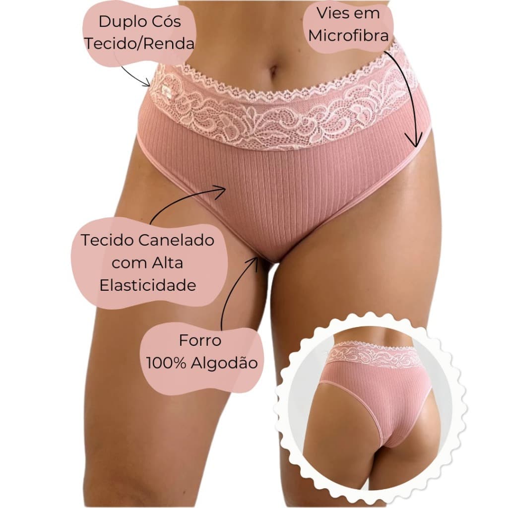 Kit Calcinhas Caneladas Cós Alto Renda Alta Elasticidade Forro 100% Algodão Ideal Ciclo Menstrual