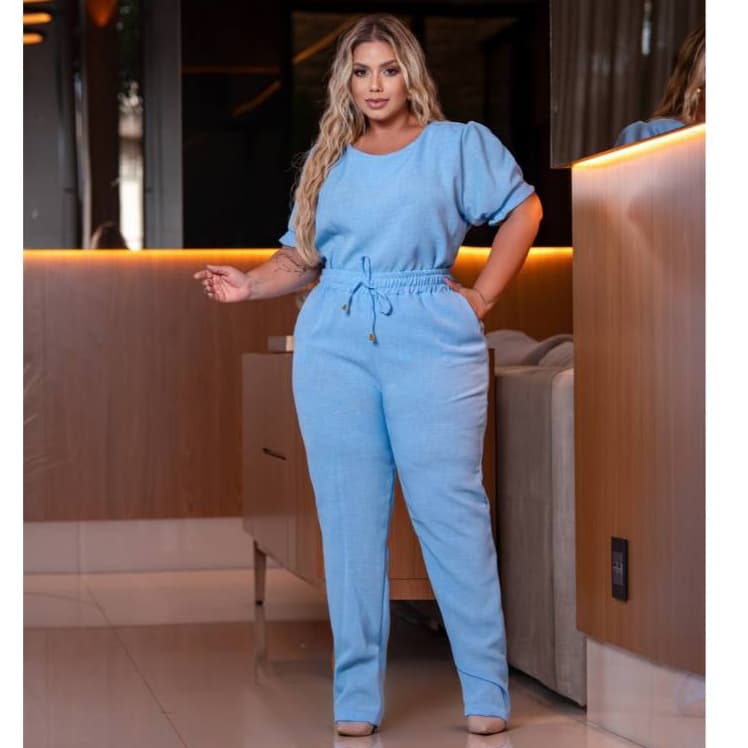 Conjunto Feminino Social Sofisticado Elegante Blusa Calça Plus Size em Linho Algodão Cores Primavera 2025 Roupa Feminina