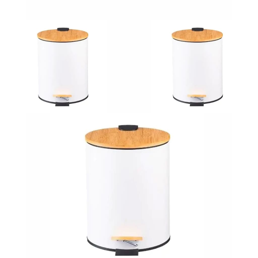Kit 3 Lixeiras de 3L com Tampa de Bambu, Pedal Prático, Alça e Cesto Removível, Ideal para Todos os Ambientes!