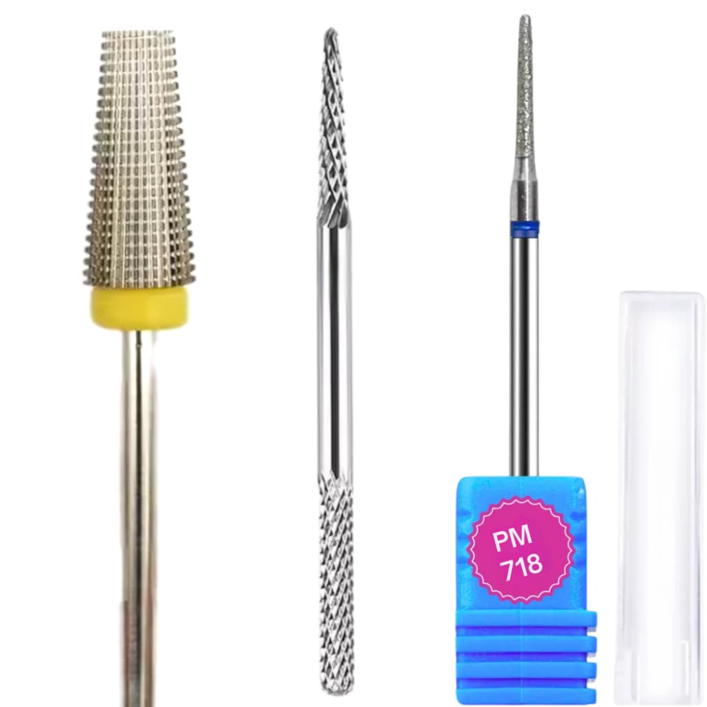 Kit 3 Brocas Profissional 718 Diamantada para cuticula Cônica de tungstênio 2 Pontas agulha Para acabamento Unhas de Gel