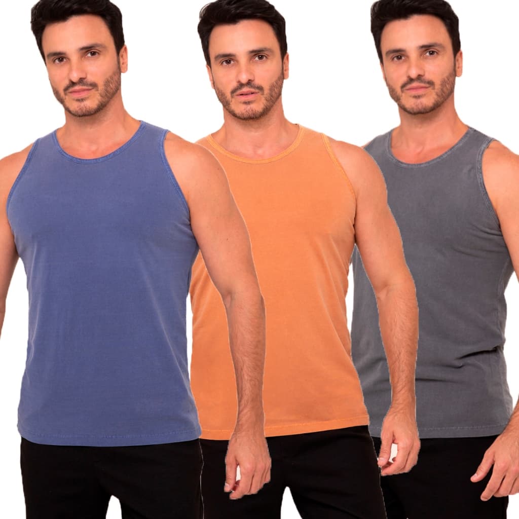 Kit 3 Regatas Masculina Slim Estonada Premium Algodão Marmorizada Casual Lisa