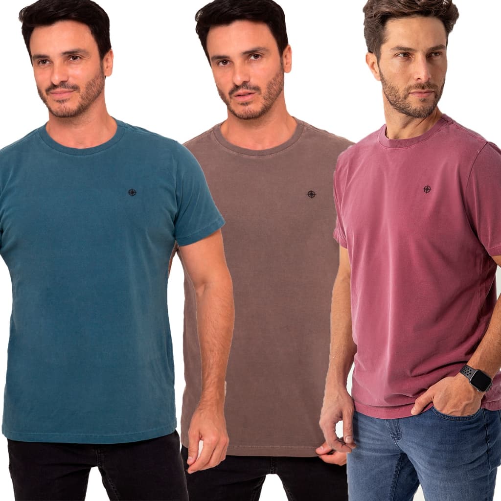 Kit 3 Camisetas Masculino Estonada Premium Algodão Marmorizada Petroleo/Marrom/Bordo