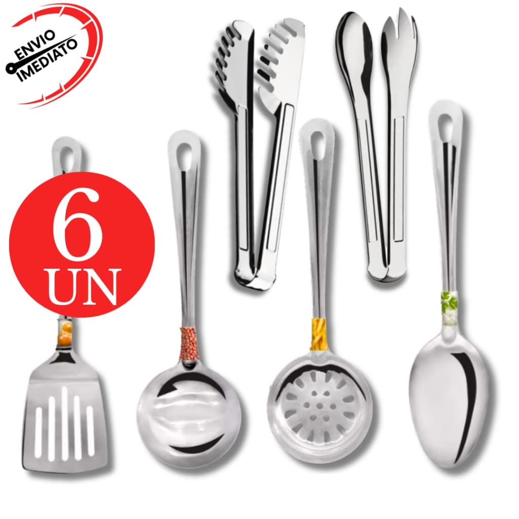 Kit Utensilios Aço Inox Pegador Salada Massas Concha Espatula Colher Escumadeira Completo Cozinha