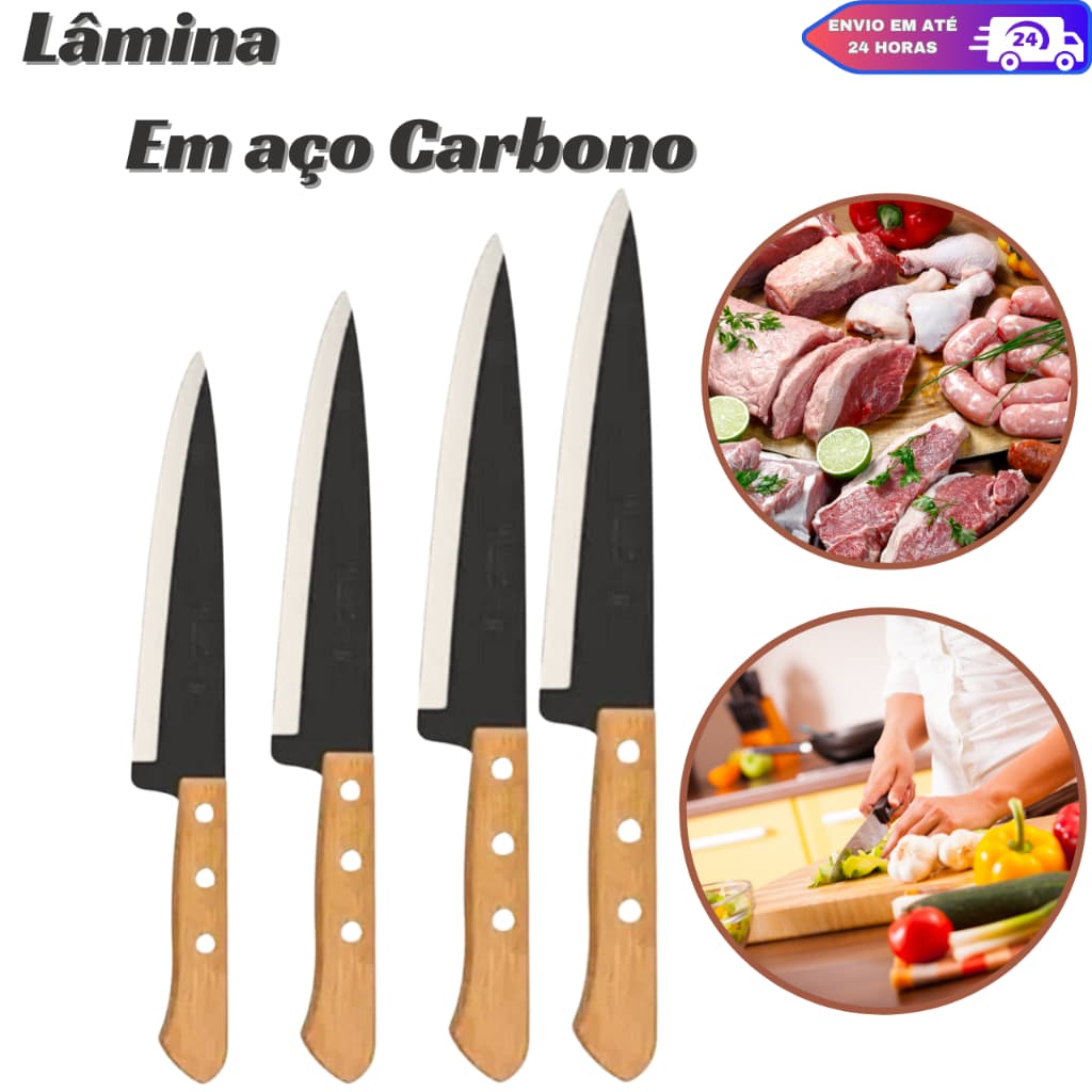 Kit 4 Facas Peixeira Carbono Cabo de Madeira 05 06 07 08 Tramontina