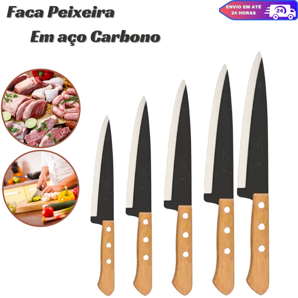 Faca Cozinha Peixeira Cabo de Madeira Lamina Aço Carbono 5 tamanhos Tramontina