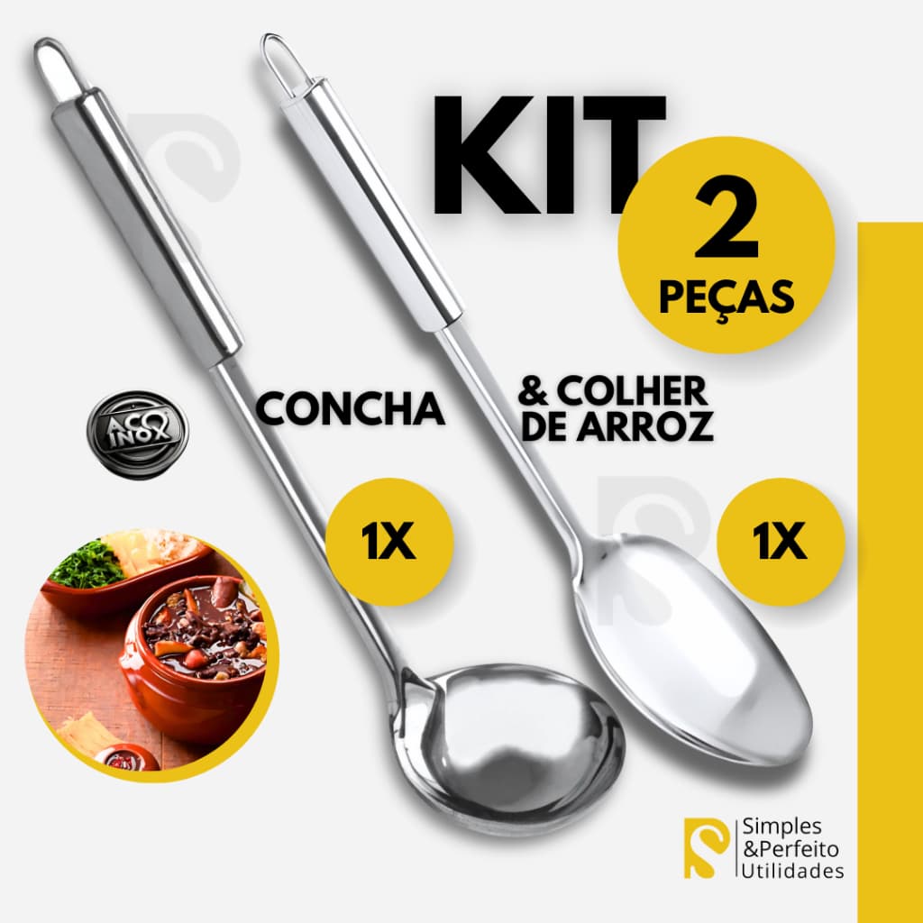 Kit 2 Peças – Concha e Colher de Arroz Aço Inox Feijão Caldos Sopas