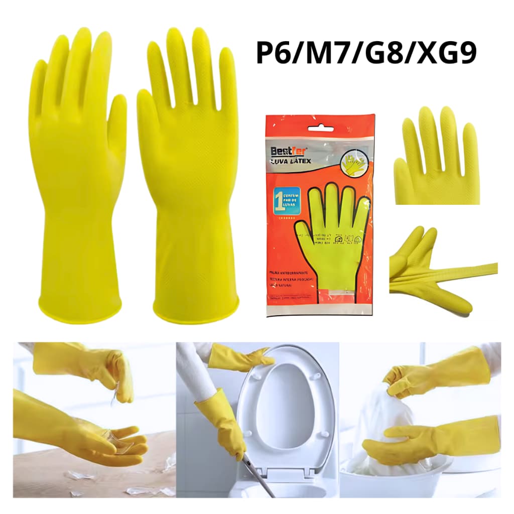 Luva de látex para limpeza amarela textura antiderrapante Segurança EPI P/M/G/XG Bestfer