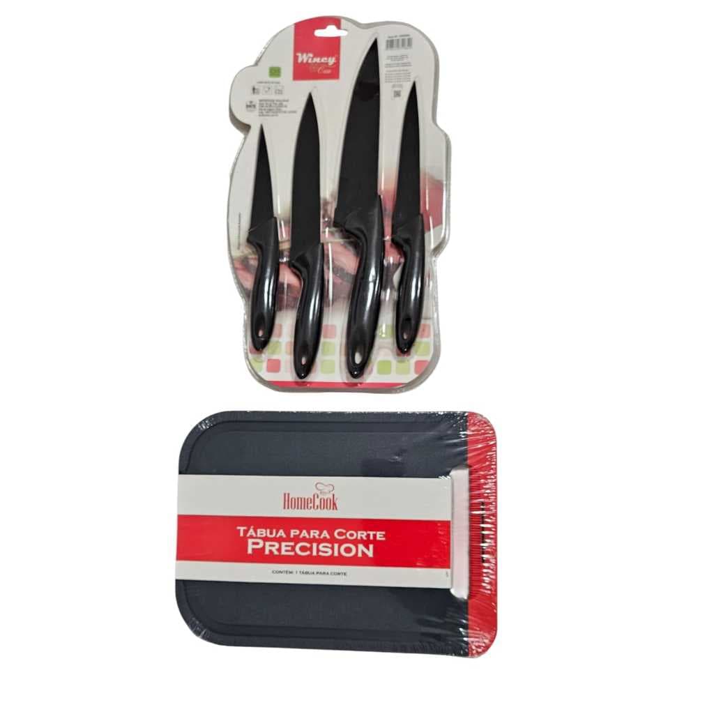 Kit Conjunto De Facas Para Cozinha Com 4 Peças Em Inox Wincy + TABUA P/ CORTE PRECISION 24,8 X 18,0 X 0,8CM