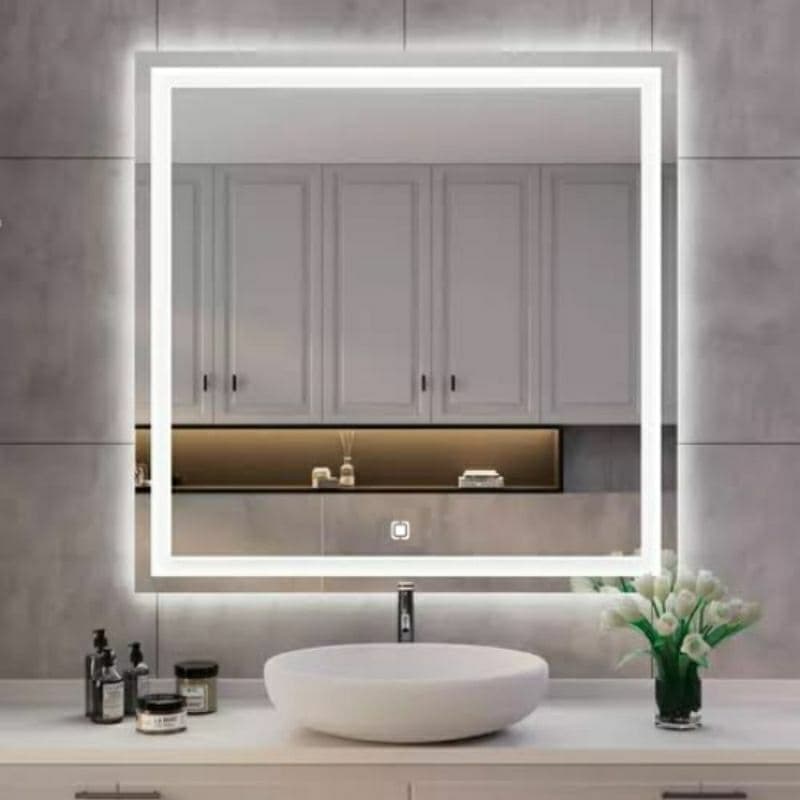 Espelho Quadrado 60x60 Jateado com Led 3 tons e Botao Touch Banheiro Lavabo Decoração