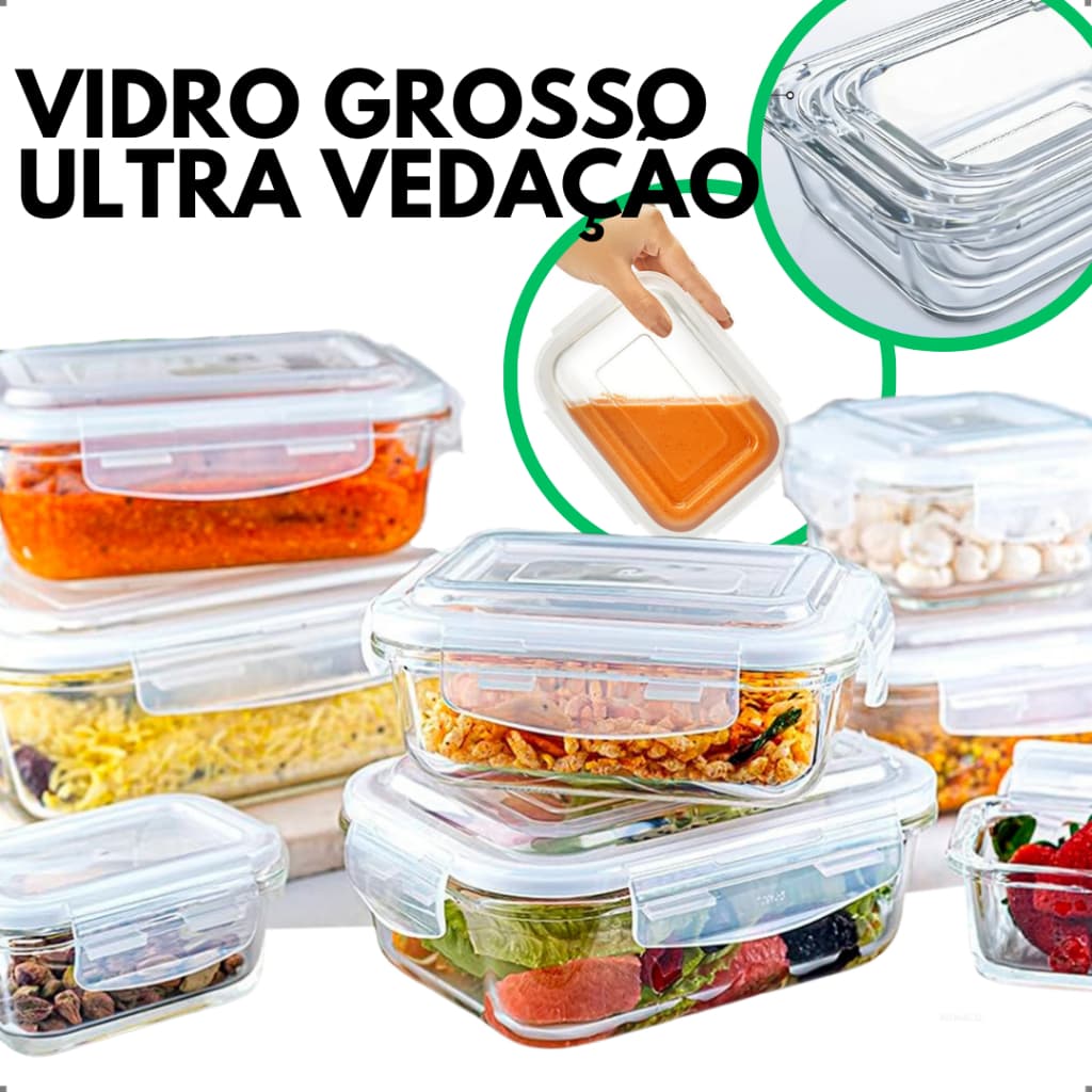Marmita de Vidro 620ml Potes Hermético Quantidade Variada Retangular Tampa Travas Microondas Freezer