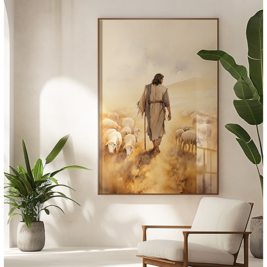 Quadro Decorativo Grande Com Moldura E Vidro Sala Quarto Casal Escritório Jesus Cristo E Ovelhas