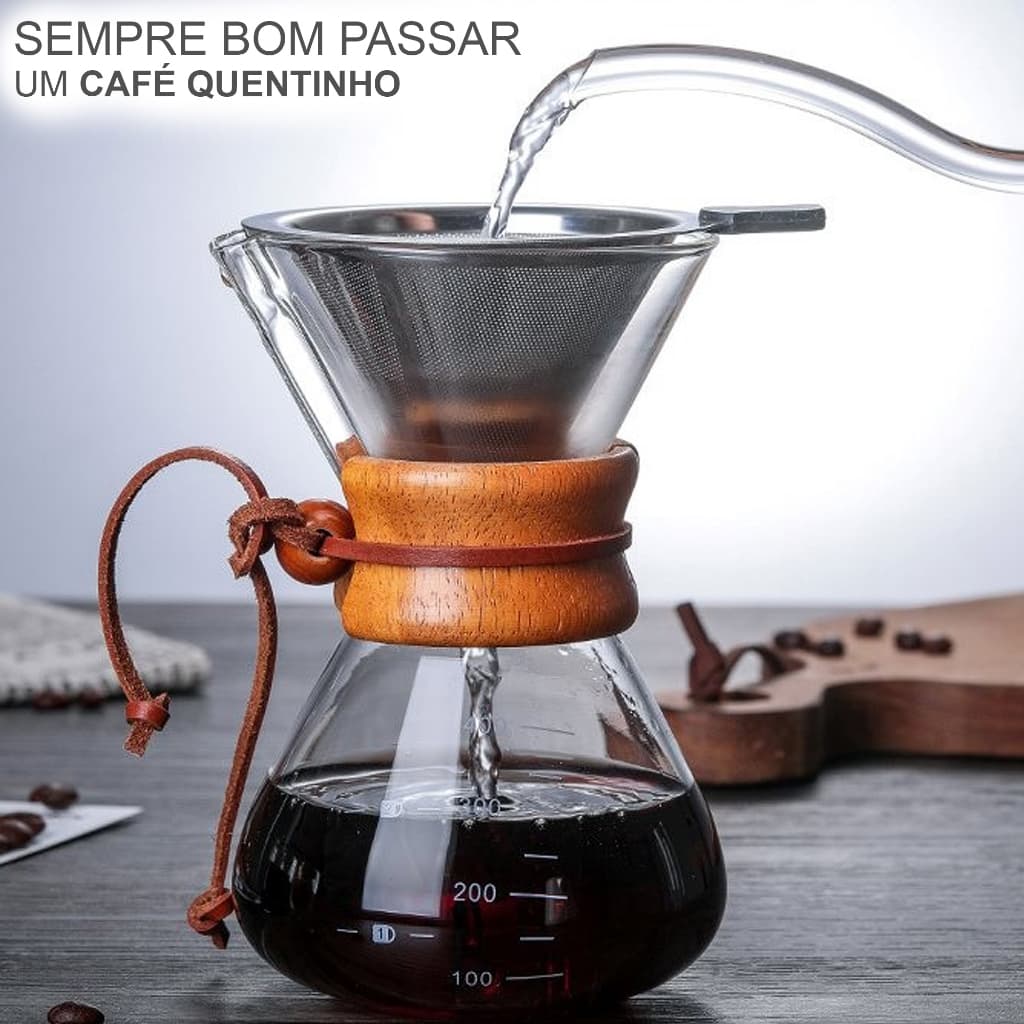 Cafeteira De Vidro Borossilicato Com Filtro Manual em Inox Passador de Café Detalhe Madeira 400ml