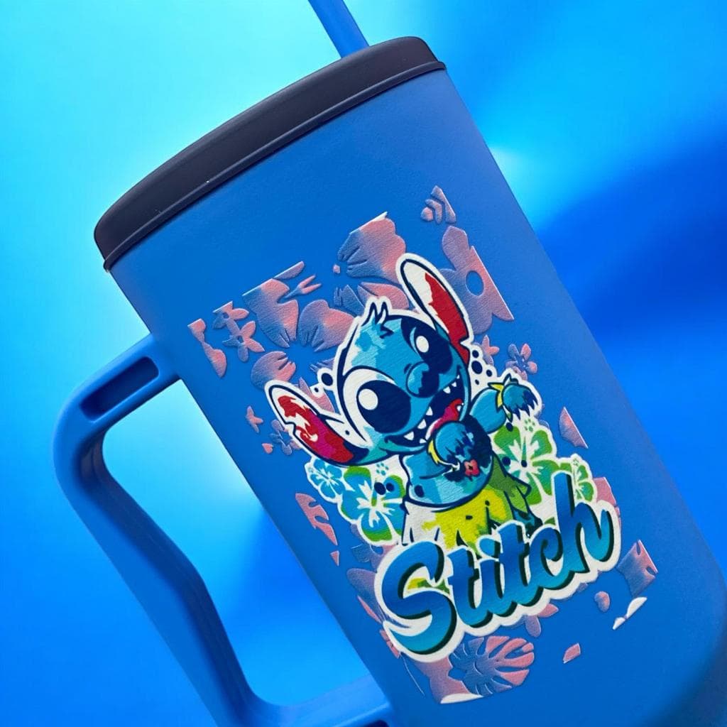 Copo com Canudo Stitch e Angel 1200ml Em Policarbonato com Brinde