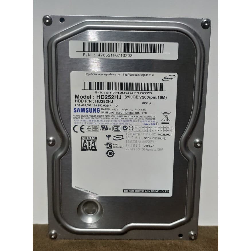 Hdd 250GB 3,5" Sata SAMSUNG HD252HJ Pc Desktop Computador - Hd Usado Funcionando Perfeitamente