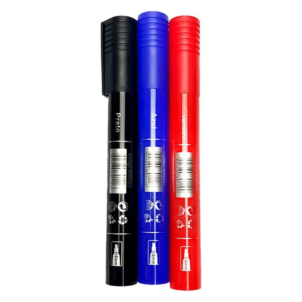 Marcador Permanente Kit com 3 Cores Preto Azul Vermelho